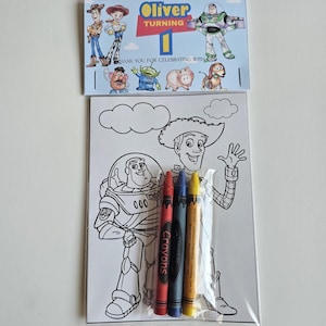 Recuerdos de fiesta de Toy Story, Mini hojas para colorear y crayones, Dos recuerdos de fiesta de "Infinito y más allá", Bolsa personalizada de recuerdos de fiesta de Toy Story imagen 7
