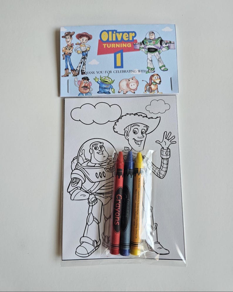 Recuerdos de fiesta de Toy Story, Mini hojas para colorear y crayones, Dos recuerdos de fiesta de "Infinito y más allá", Bolsa personalizada de recuerdos de fiesta de Toy Story imagen 7