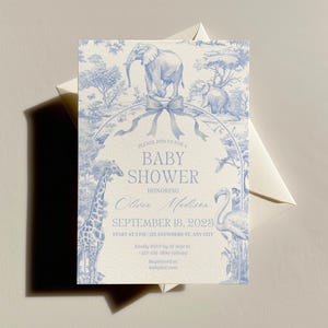 Blue Toile Safari Baby Shower Invitation: Safari Animal Baby Boy Shower Digital Invite, Toile de Jouy Baby Shower Invite Dusty Blue Safari
