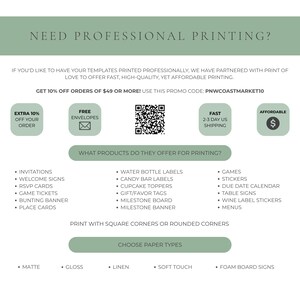 May include: An advertisement for professional printing services. The image features text that reads "Need Professional Printing?" and lists various products offered, including invitations, stickers, and menus. It also highlights options for paper types.