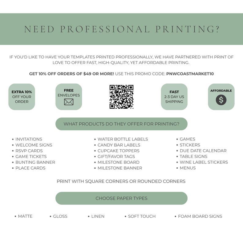 May include: An advertisement for professional printing services. The image features text that reads "Need Professional Printing?" and lists various products offered, including invitations, stickers, and menus. It also highlights options for paper types.