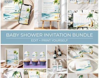 Surfing Baby Shower Invitation Bundle: Baby On Board, Editable Canva Template (Digital Download)