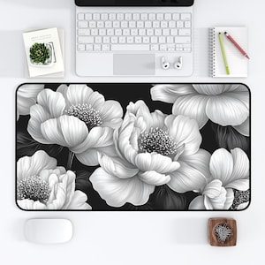 Floral Desk Mat, Office Desk Accessory, Black & White Flower Pattern Mouse Pad, Gift for her/him, Desk Organizer, Work from Home Deskmat
