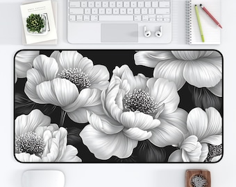 Floral Desk Mat, Office Desk Accessory, Black & White Flower Pattern Mouse Pad, Gift for her/him, Desk Organizer, Work from Home Deskmat