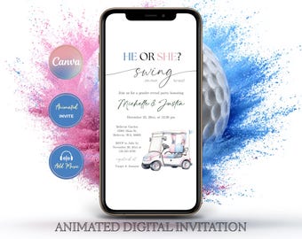 Golf Gender Reveal Invitation: Animated Par-Tee Evite, Boy or Girl (Digital Download, Editable in Canva)