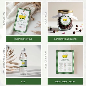 May include: A collection of party supplies featuring a green and white theme. Includes favor tags, a water bottle label, and a milestone sign. The tags and labels feature the text "Michael Mastered His First Year".