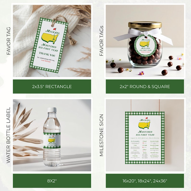 May include: A collection of party supplies featuring a green and white theme. Includes favor tags, a water bottle label, and a milestone sign. The tags and labels feature the text "Michael Mastered His First Year".