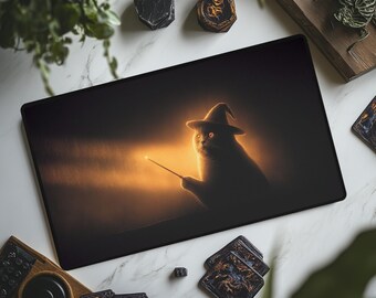 Black Magic Cat MTG Playmat: TCG and MTG Gamer Desk Mat with Optional Zones