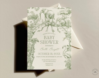 Sage Toile Safari Baby Shower Invitation: Safari Animal Baby Boy Shower Digital Invite, Toile de Jouy Baby Shower Invite Dusty Sage Safari