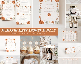 Paquete de invitaciones para baby shower "A Little Pumpkin is on the Way": paquete de decoración para fiesta con temática de otoño, plantilla editable de Canva (descarga digital) LP1