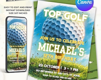 Top Golf Birthday Invitation: Printable & Animated Video Evite (Digital Download, Editable in Canva)