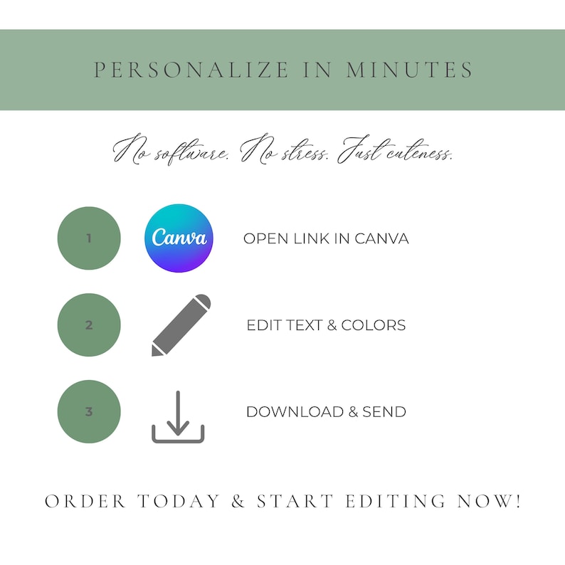 May include: White graphic with text "PERSONALIZE IN MINUTES" and instructions: Open link in Canva, Edit text & colors, Download & Send. Includes Canva logo and the phrase "No software. No stress. Just cuteness."