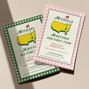 Mastered First Year Birthday Invitation: Golf Par-Tee, Masters Party, Canva Editable Template (Digital Download, Pink and Green, Girl, Boy)