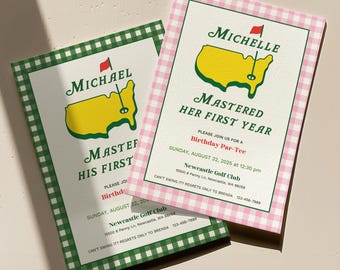 Mastered First Year Birthday Invitation: Golf Par-Tee, Masters Party, Canva Editable Template (Digital Download, Pink and Green, Girl, Boy)