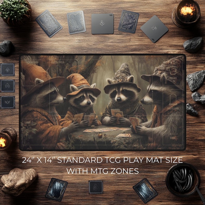 K&ouml;nnte beinhalten: Standard TCG-Spielmatte, 61 cm x 36 cm, mit einer Illustration von spielenden Waschb&auml;ren. Die Matte hat MTG-Zonen und wird von Spielzubeh&ouml;r umgeben.