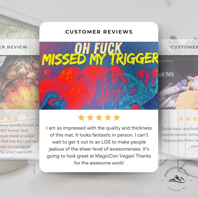 K&ouml;nnte beinhalten: Eine farbenfrohe Matte mit dem gelben Text "OH FUCK MISSED MY TRIGGER". Die Matte hat ein lebendiges Design mit roten und blauen Farbt&ouml;nen. Kundenbewertungen sind ebenfalls sichtbar.