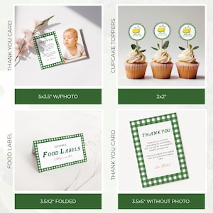 May include: A collection of party supplies with a green and white gingham pattern. Includes thank you cards with and without photos, food labels, and cupcake toppers. The thank you cards have text that reads "Thank You".