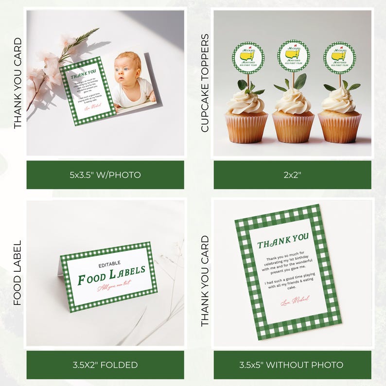 May include: A collection of party supplies with a green and white gingham pattern. Includes thank you cards with and without photos, food labels, and cupcake toppers. The thank you cards have text that reads "Thank You".