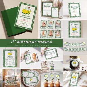 May include: A selection of green and white party decorations with a golf theme. Includes invitations, signs, cupcake toppers, and a banner. The text includes "Michael Mastered His First Year" and "Happy Birthday".