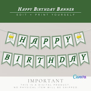 May include: A white banner with green text that reads "HAPPY BIRTHDAY BANNER". The banner is made up of individual pennants with the words "HAPPY BIRTHDAY" in green letters. The banner also includes a logo.