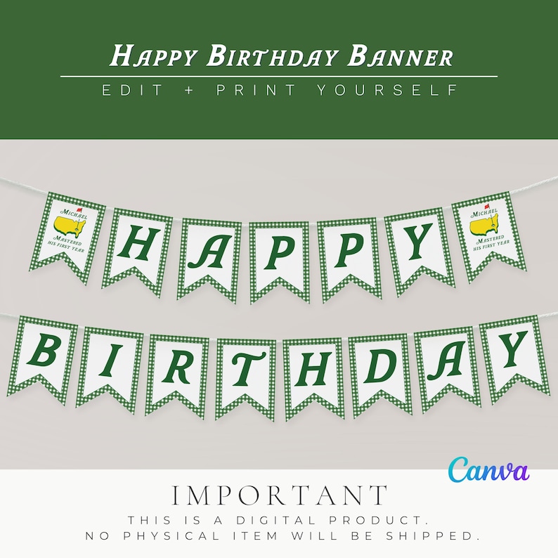 May include: A white banner with green text that reads "HAPPY BIRTHDAY BANNER". The banner is made up of individual pennants with the words "HAPPY BIRTHDAY" in green letters. The banner also includes a logo.