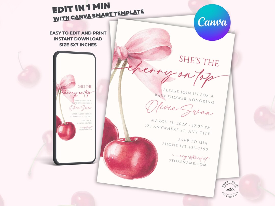 Cherry on Top Baby Shower Invitation, Editable Cherry Baby Shower ...