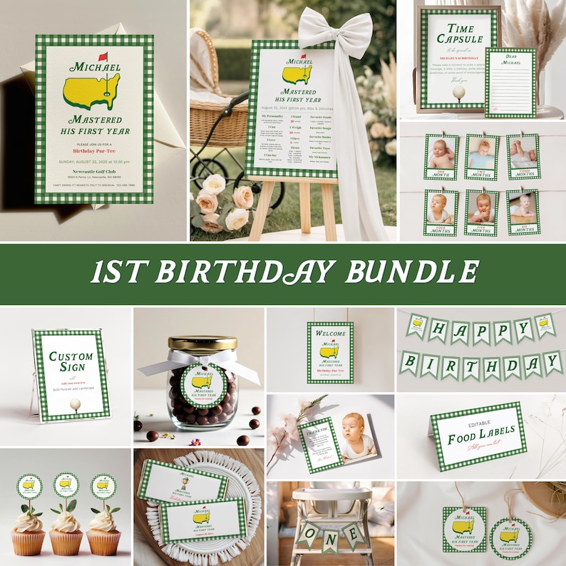 May include: A collection of green and white themed party decorations for a first birthday. Includes invitations, signs, cupcake toppers, food labels, and a banner that says "Happy Birthday". The theme features a golf course logo.