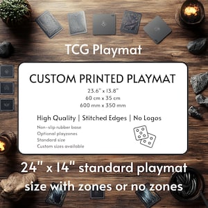 May include: A rectangular custom printed TCG playmat with stitched edges and a non-slip rubber base. The text reads TCG Playmat, CUSTOM PRINTED PLAYMAT, 23.6" x 13.8", 60 cm x 35 cm, 600 mm x 350 mm, High Quality, Stitched Edges, No Logos, and 24" x 14".