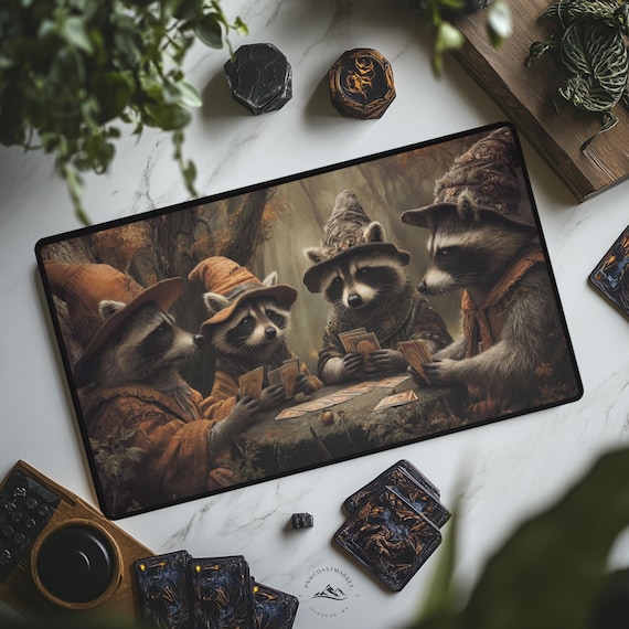 Magic Racoons Playing MTG Playmat: Gamer Desk Mat with Optional Zones, Magic the Gathering Racoons