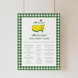May include: A personalized baby milestone poster with a green and white gingham border. The poster features the name "Michael", a Masters golf course logo, and details about the baby's first year, including height (20 inches) and weight (20 pounds).