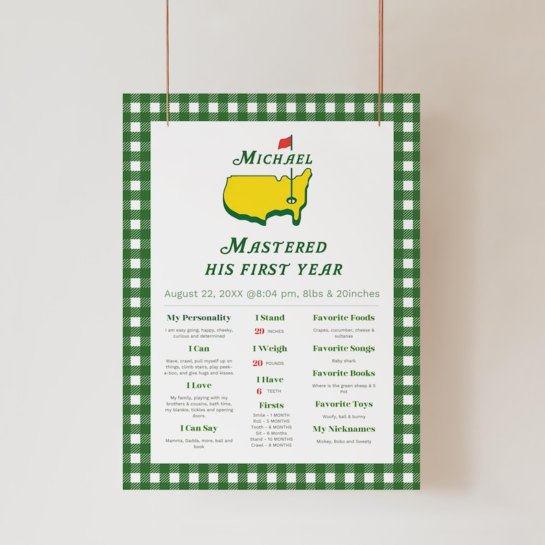 May include: A personalized baby milestone poster with a green and white gingham border. The poster features the name "Michael", a Masters golf course logo, and details about the baby's first year, including height (20 inches) and weight (20 pounds).