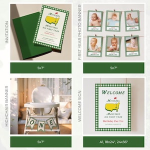 May include: A collection of party decorations with a green and white theme. Includes an invitation, a photo banner, a highchair banner, and a welcome sign. The invitation and welcome sign feature the text "Michael Mastered His First Year".