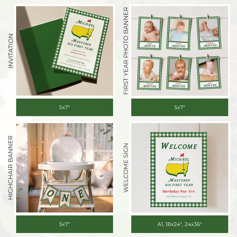 May include: A collection of party decorations with a green and white theme. Includes an invitation, a photo banner, a highchair banner, and a welcome sign. The invitation and welcome sign feature the text "Michael Mastered His First Year".