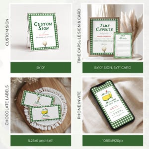 May include: A collection of golf-themed party supplies, including a custom sign, time capsule sign and card, chocolate labels, and a phone invite. The items feature a green and white gingham pattern and golf-related graphics. The sign is 8x10 inches.