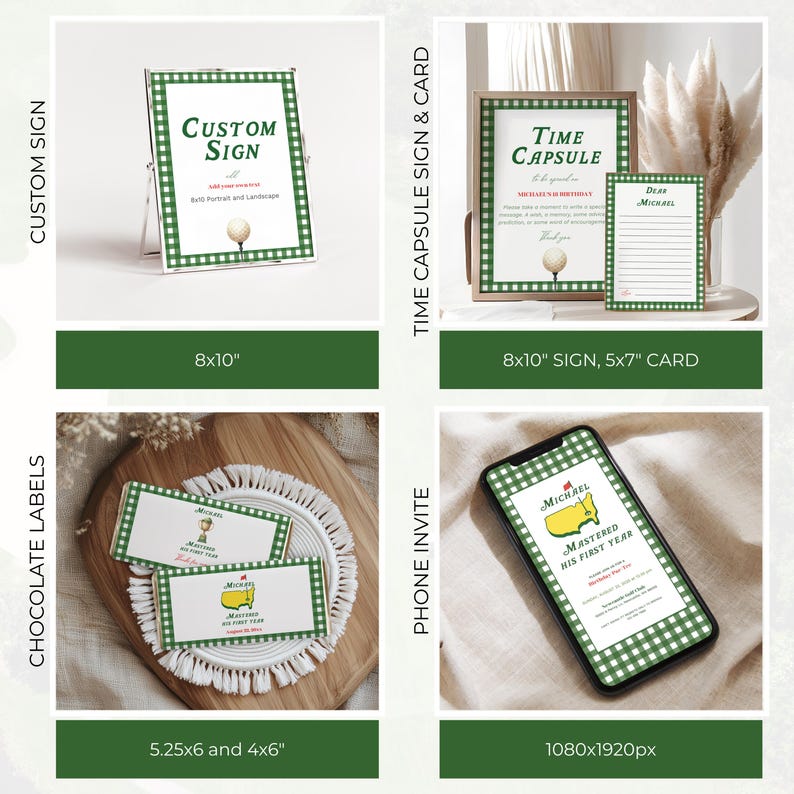 May include: A collection of golf-themed party supplies, including a custom sign, time capsule sign and card, chocolate labels, and a phone invite. The items feature a green and white gingham pattern and golf-related graphics. The sign is 8x10 inches.