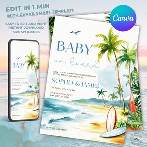 Faire-part de baby shower bébé à bord, baby shower de planche de surf, invitation de baby shower de surf, décoration de baby shower, modèle d'invitation de mobile et de carte