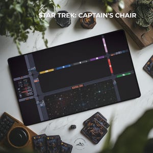 May include: A black rectangular desk mat with a Star Trek design, featuring a map-like layout with colorful lines and the text "NEUTRAL ZONE." The mat is surrounded by playing cards, coasters, and decorative items. The text "STAR TREK: CAPTAIN'S CHAIR" is at the top.