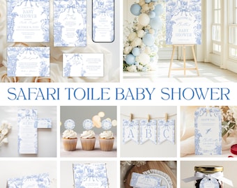 Blue Toile Safari Baby Shower Bundle: Vintage French Floral Bow Invitation Templates, Safari Animal Theme, Printable Games Bundle