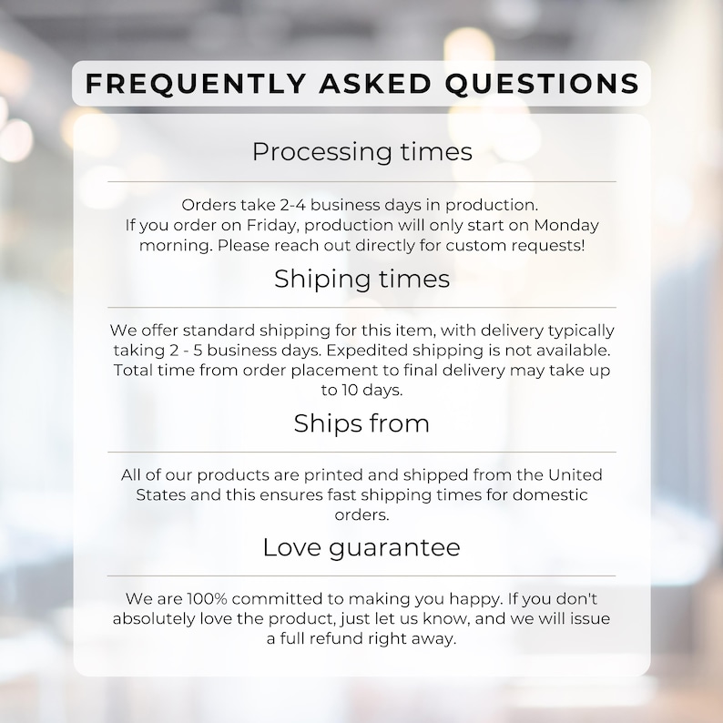 K&ouml;nnte beinhalten: Eine wei&szlig;e Grafik mit dem Text "FREQUENTLY ASKED QUESTIONS" oben. Die Grafik zeigt Bearbeitungszeiten, Versandzeiten, den Versandort der Artikel und eine Liebesgarantie.