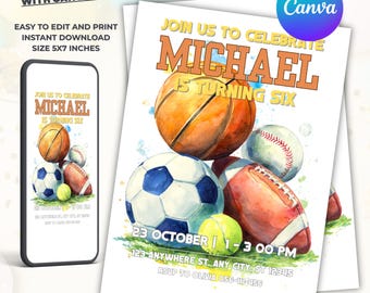 Sports Birthday Invitation: All-Star Party, Editable Canva Template (Digital Download)