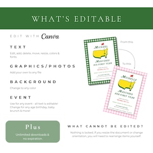 May include: An image showcasing editable templates for events, with the text "WHAT'S EDITABLE" at the top. The templates feature a golf course design and the text "MASTERED HIS FIRST YEAR". The templates are customizable with Canva.