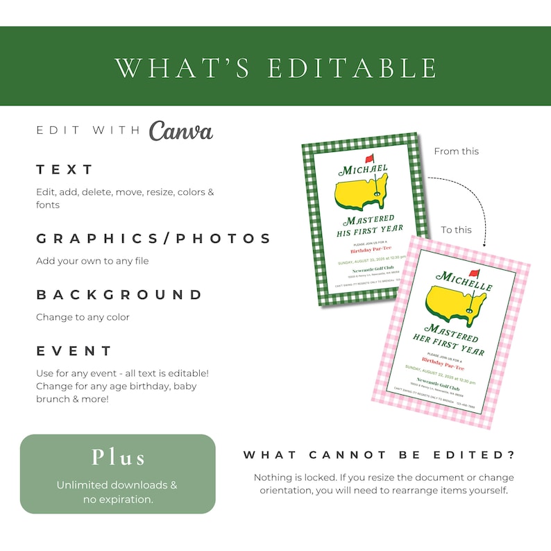 May include: An image showcasing editable templates for events, with the text "WHAT'S EDITABLE" at the top. The templates feature a golf course design and the text "MASTERED HIS FIRST YEAR". The templates are customizable with Canva.