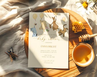 Classic Winnie the Pooh Baby Shower Invitation: Vintage Bear, Balloons (Digital Download, Editable Canva Template)