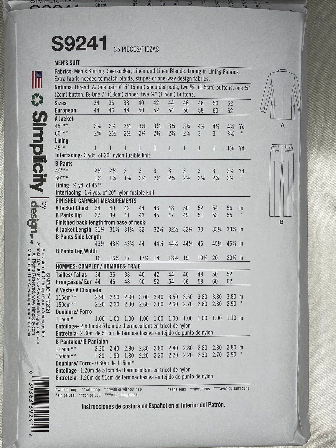 Simplicity 9241 Men's Suit Sewing Pattern Etsy