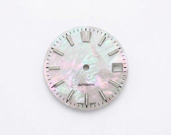 Esfera de reloj de nácar de 28,5 mm para movimiento NH35 NH36, esfera personalizada de nácar iridiscente con índices trapezoidales, piezas de modificación para relojes de buceo