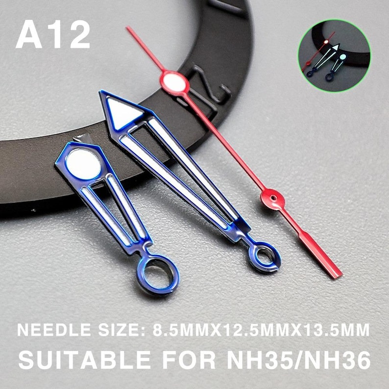 May include: Close-up of watch hands in blue and red. The hands have a metallic finish with white accents. The text "A12" is in the upper left corner. The text "NEEDLE SIZE: 8.5MMX12.5MMX13.5MM SUITABLE FOR NH35/NH36" is at the bottom.