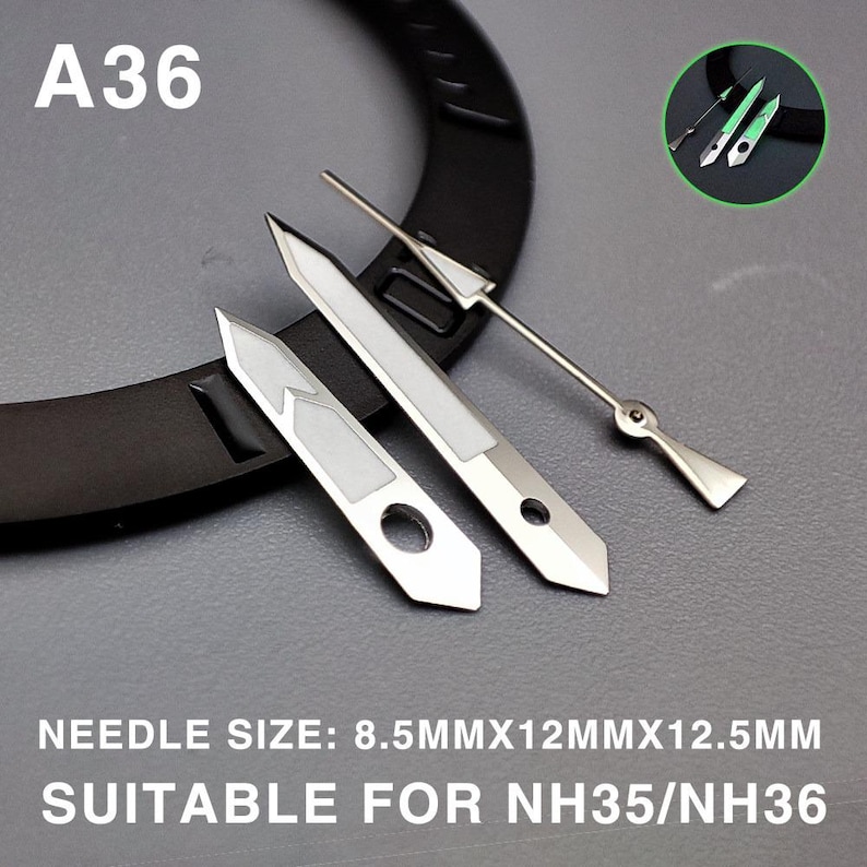 May include: Silver watch hands with white accents and a black watch band. The image includes the text "A36" and "NEEDLE SIZE: 8.5MMX12MMX12.5MM SUITABLE FOR NH35/NH36".