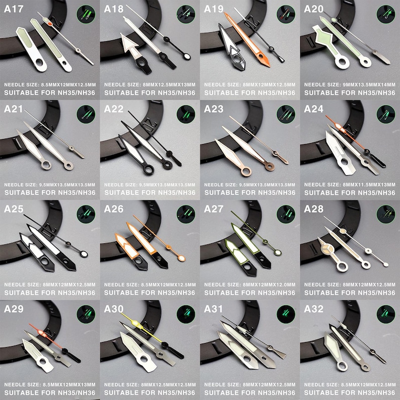 Op de afbeelding: Een raster van horlogewijzers in diverse ontwerpen en kleuren, waaronder zilver, zwart en goud. Elke set wijzers is gelabeld met een maat en de tekst "SUITABLE FOR NH35/NH36". De wijzers worden gepresenteerd op een zwarte achtergrond.