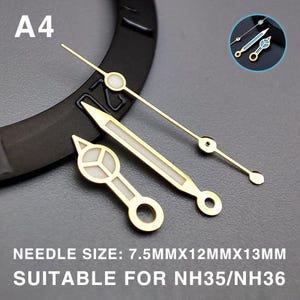 May include: Close-up of watch hands in gold and white. The hands are in various shapes and sizes, with a circular design on the end of the second hand. Text on the image reads "NEEDLE SIZE: 7.5MMX12MMX13MM SUITABLE FOR NH35/NH36."
