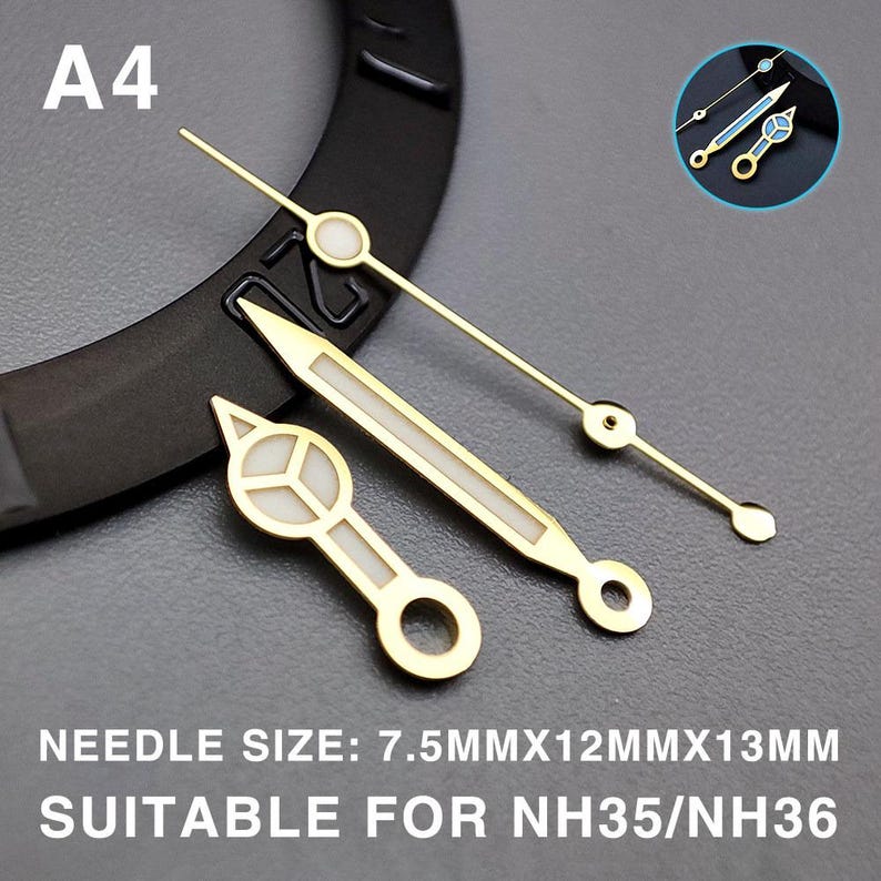 May include: Close-up of watch hands in gold and white. The hands are in various shapes and sizes, with a circular design on the end of the second hand. Text on the image reads "NEEDLE SIZE: 7.5MMX12MMX13MM SUITABLE FOR NH35/NH36."